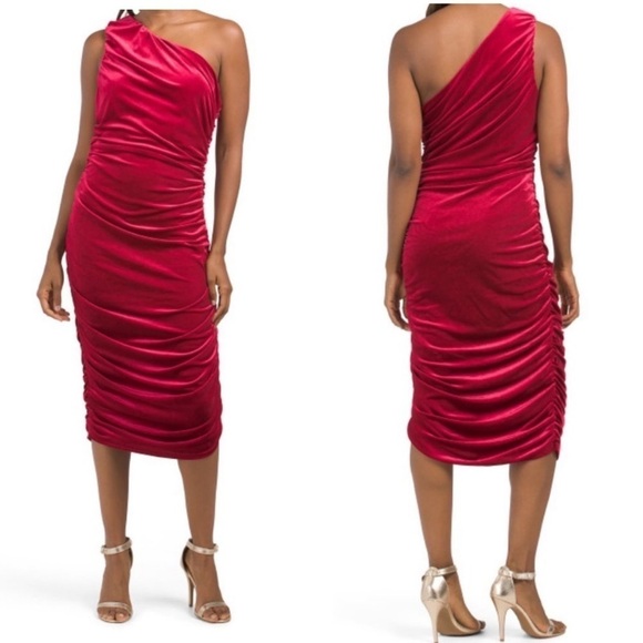 TAHARI ASL Single Strap Rouched crushed velvet midi dress red nwt 14 plus - Picture 1 of 5